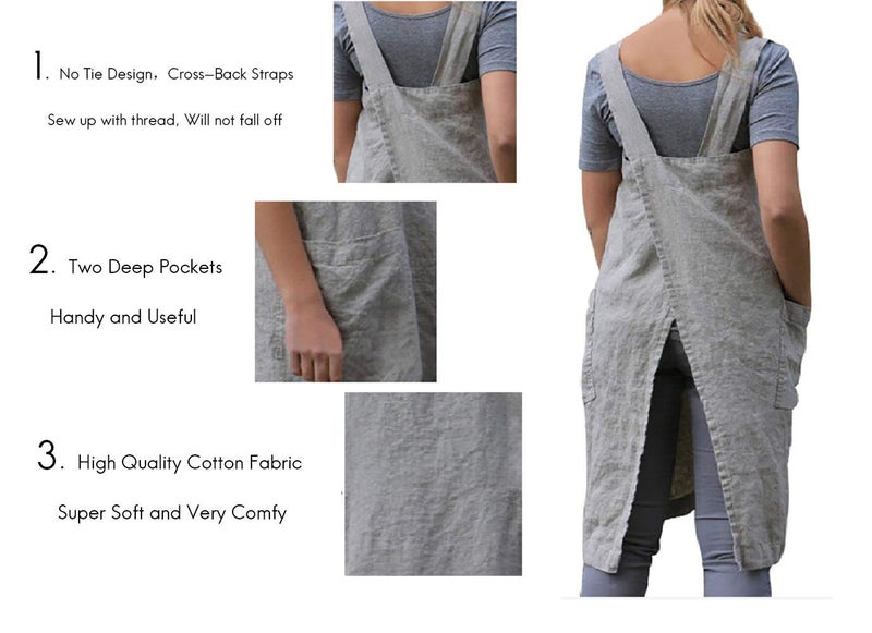 Larmliss Womenâ€™s Pinafore Square Apron Baking Cooking Gardening Works Cross Back Cotton/Linen Blend Dress with 2 Pockets Gray - Image 3